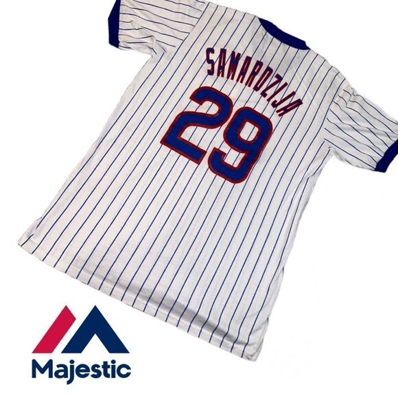 Majestic Chicago Cubs Jeffrey “Shark” Samardzija 29 Pinstripe V-Neck Tee 2008 - Picture 2 of 3